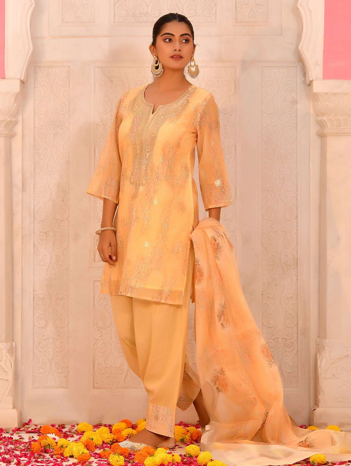 women self design three quarter sleeve kurta salwar with dupatta set - 22084019 -  Standard Image - 1