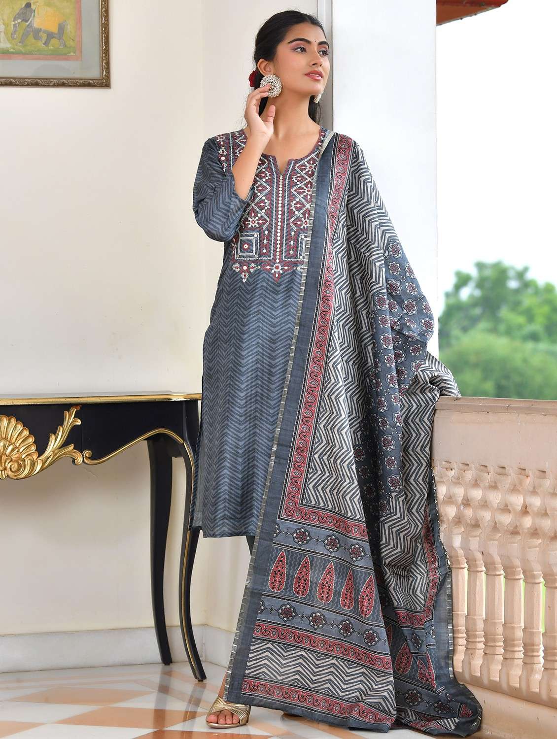 women chevron three quarter sleeve kurta pant with dupatta set - 22084022 -  Standard Image - 1