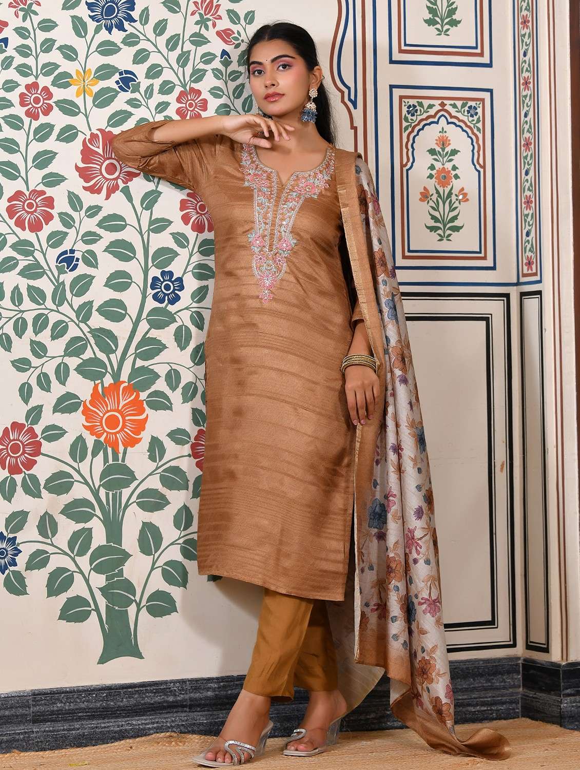 women striped three quarter sleeve kurta pant with dupatta set - 22084027 -  Standard Image - 1