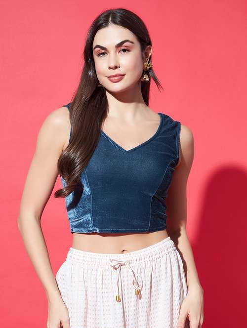 women solid sleeveless stitched velvet blouse - 22084028 -  Standard Image - 0
