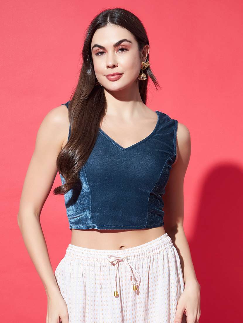 women solid sleeveless stitched velvet blouse - 22084028 -  Zoom Image - 0