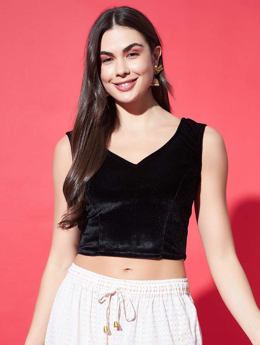 women solid sleeveless stitched velvet blouse