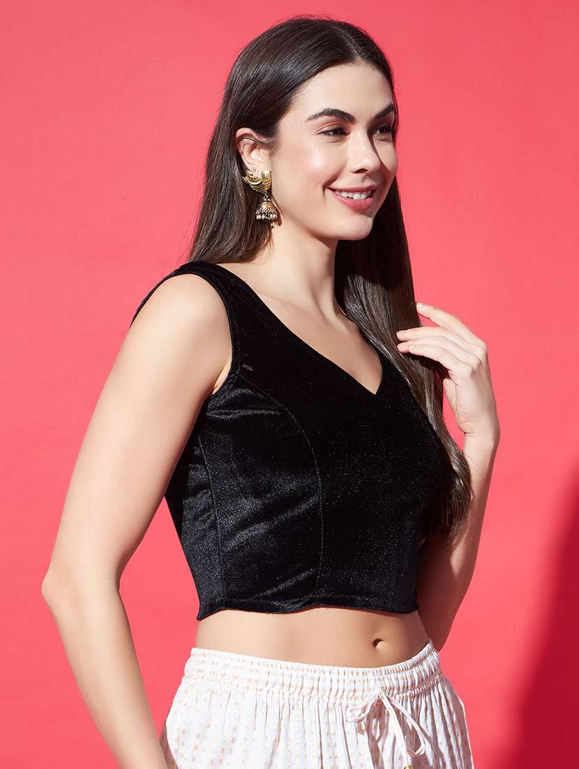 women solid sleeveless stitched velvet blouse - 22084030 -  Standard Image - 1