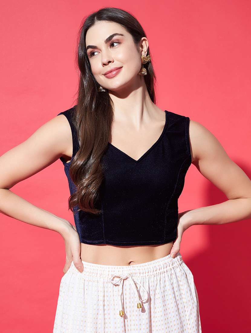 women solid sleeveless stitched velvet blouse - 22084031 - Zoom Image - 0