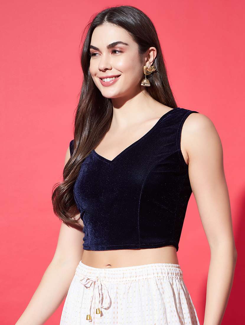 women solid sleeveless stitched velvet blouse - 22084031 -  Standard Image - 1