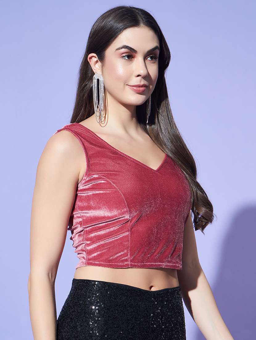 women solid sleeveless stitched velvet blouse - 22084032 -  Standard Image - 1