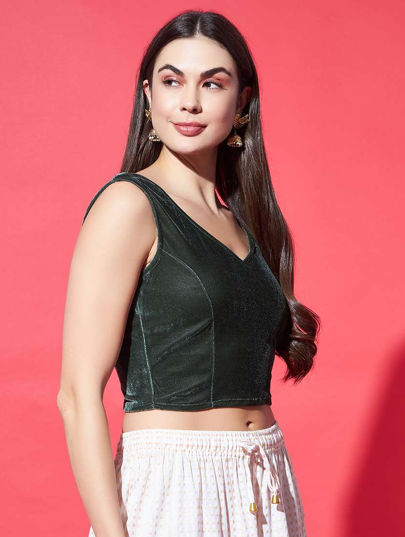 women solid sleeveless stitched velvet blouse - 22084033 - Standard Image - 1