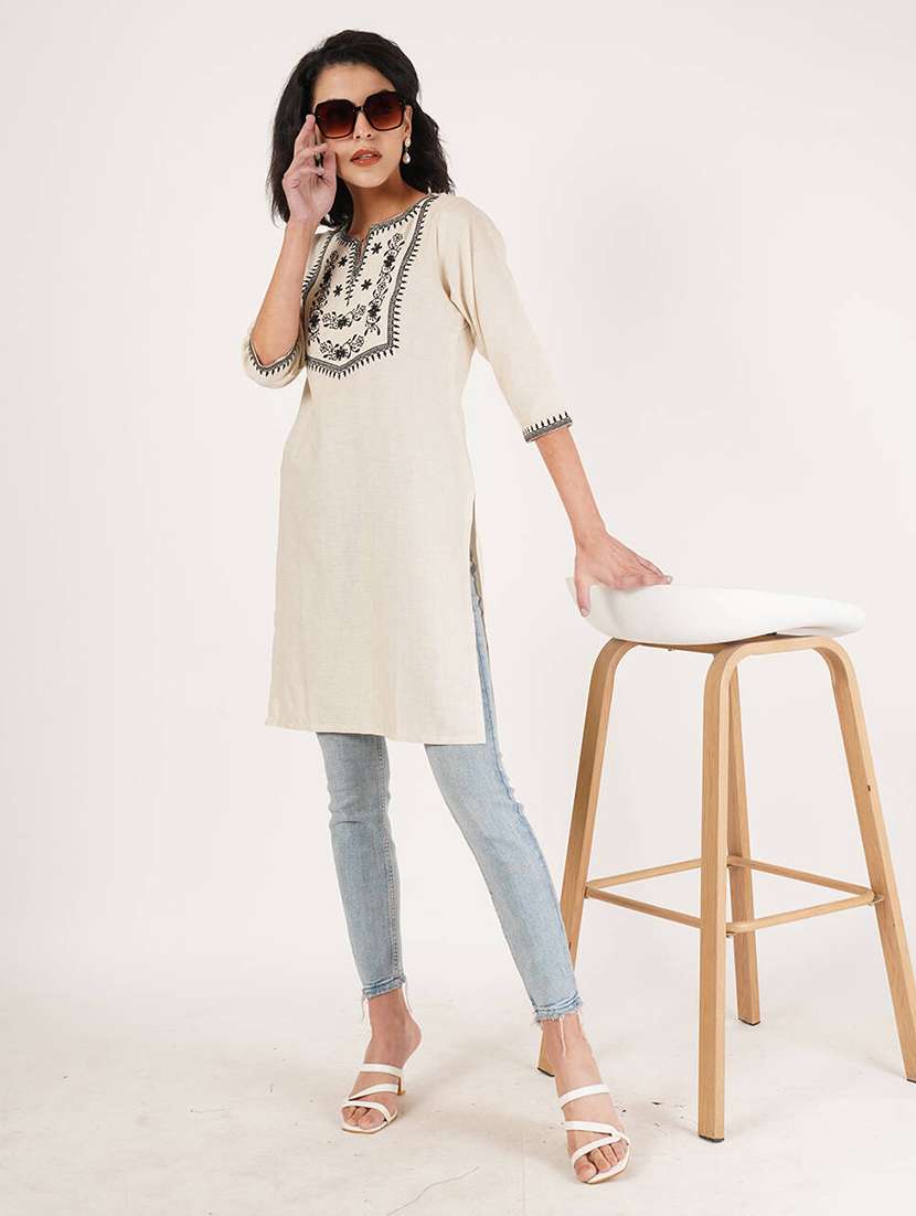 women embroidered three quarter sleeve straight kurti - 22084041 -  Standard Image - 4