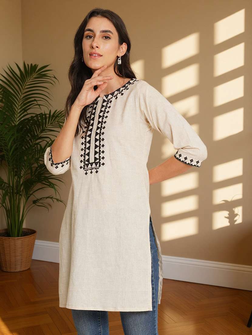 women embroidered three quarter sleeve straight kurti
