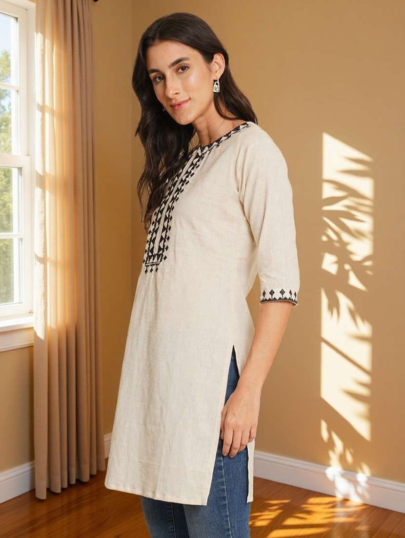 women embroidered three quarter sleeve straight kurti - 22084043 -  Standard Image - 1