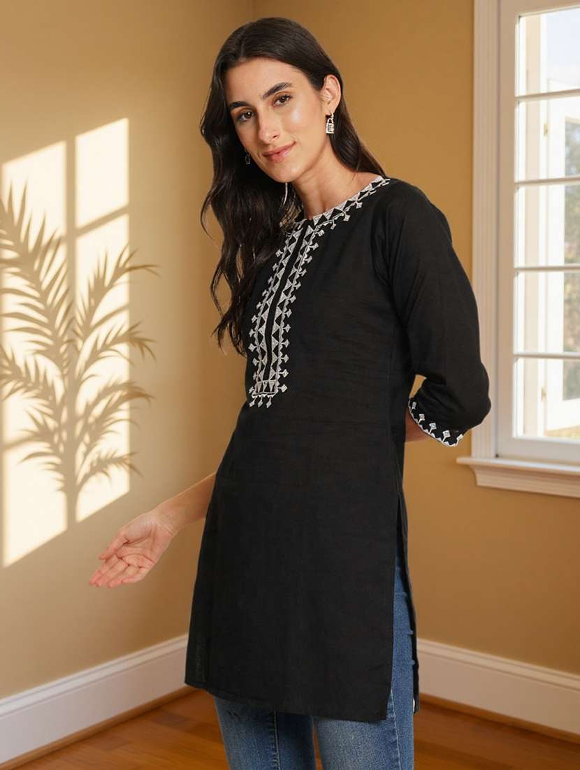 women embroidered three quarter sleeve straight kurti - 22084044 -  Standard Image - 1