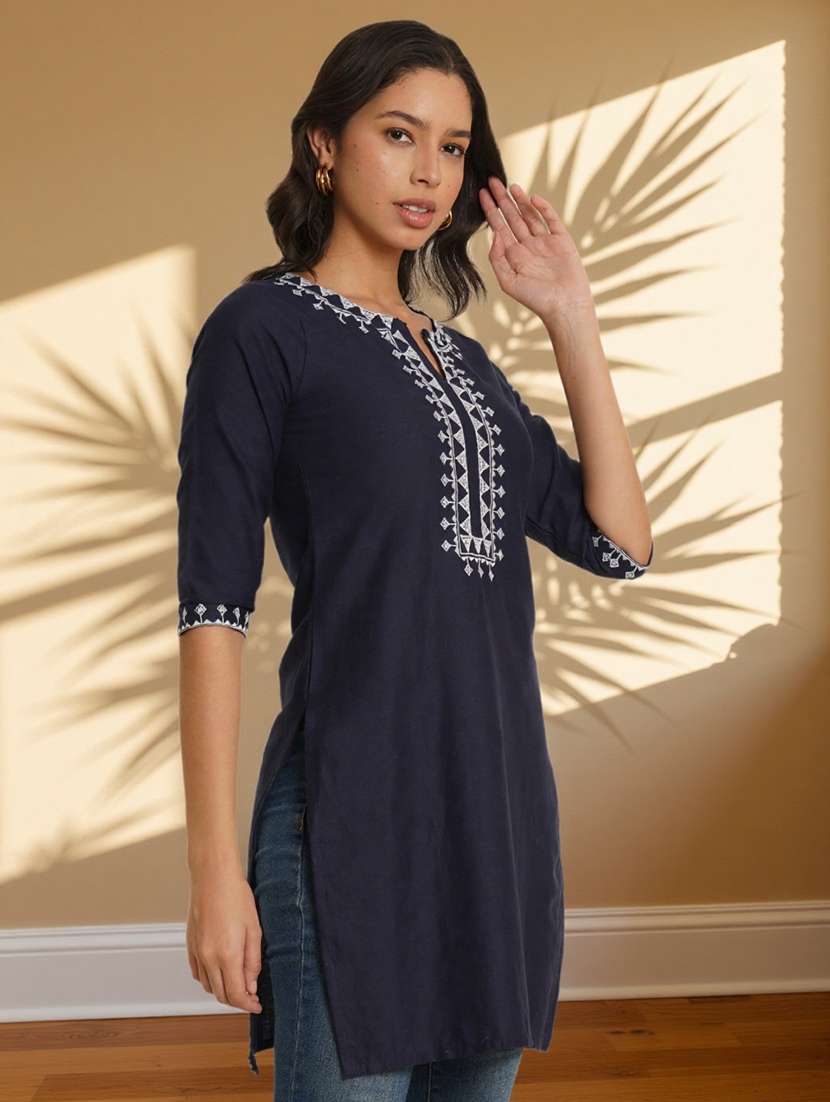 women embroidered three quarter sleeve straight kurti - 22084045 -  Standard Image - 1