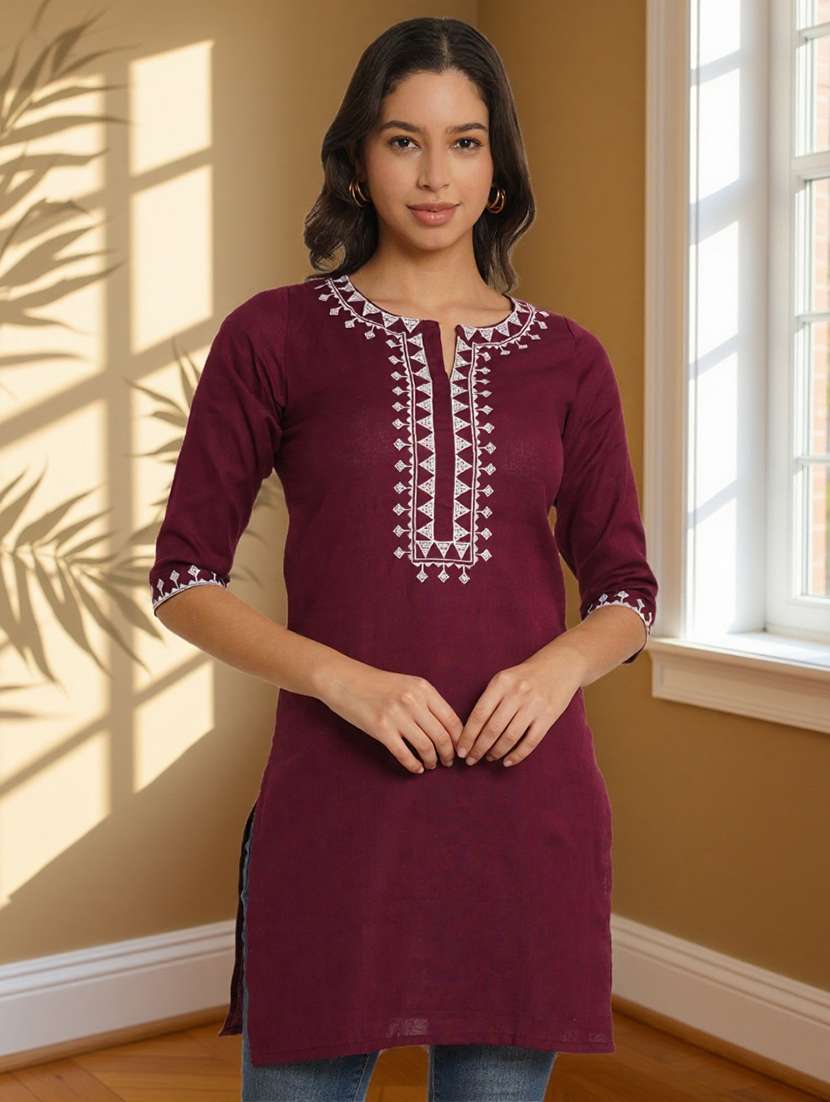 women embroidered three quarter sleeve straight kurti