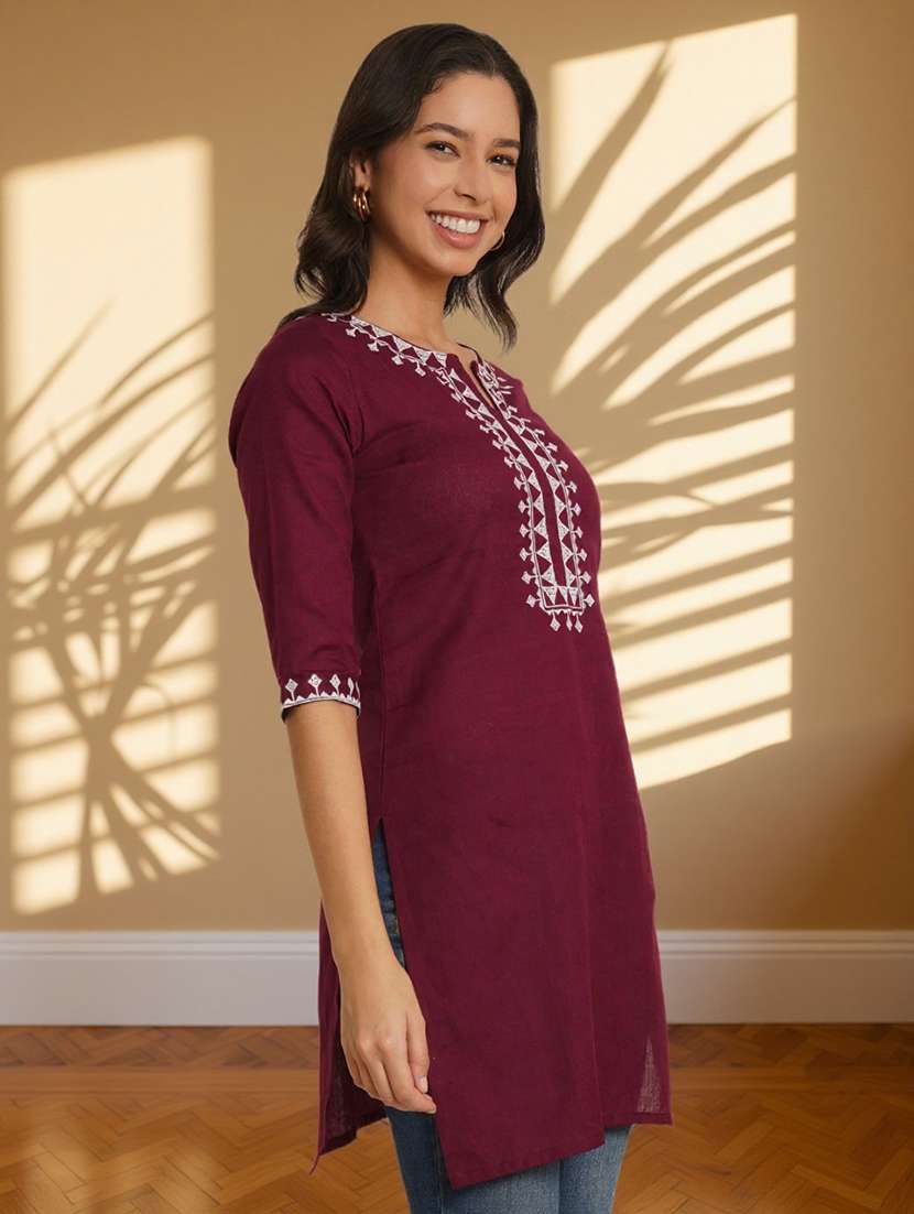 women embroidered three quarter sleeve straight kurti - 22084046 -  Standard Image - 1