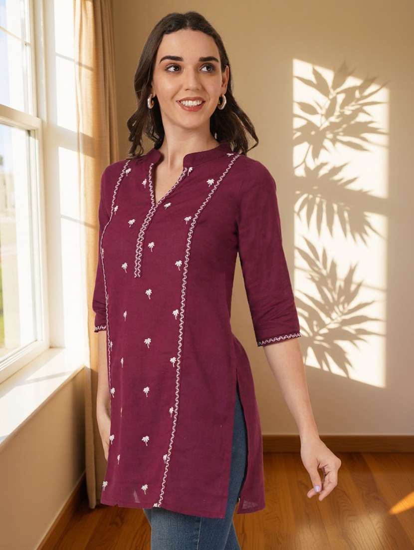 women embroidered three quarter sleeve straight kurti - 22084050 -  Standard Image - 1