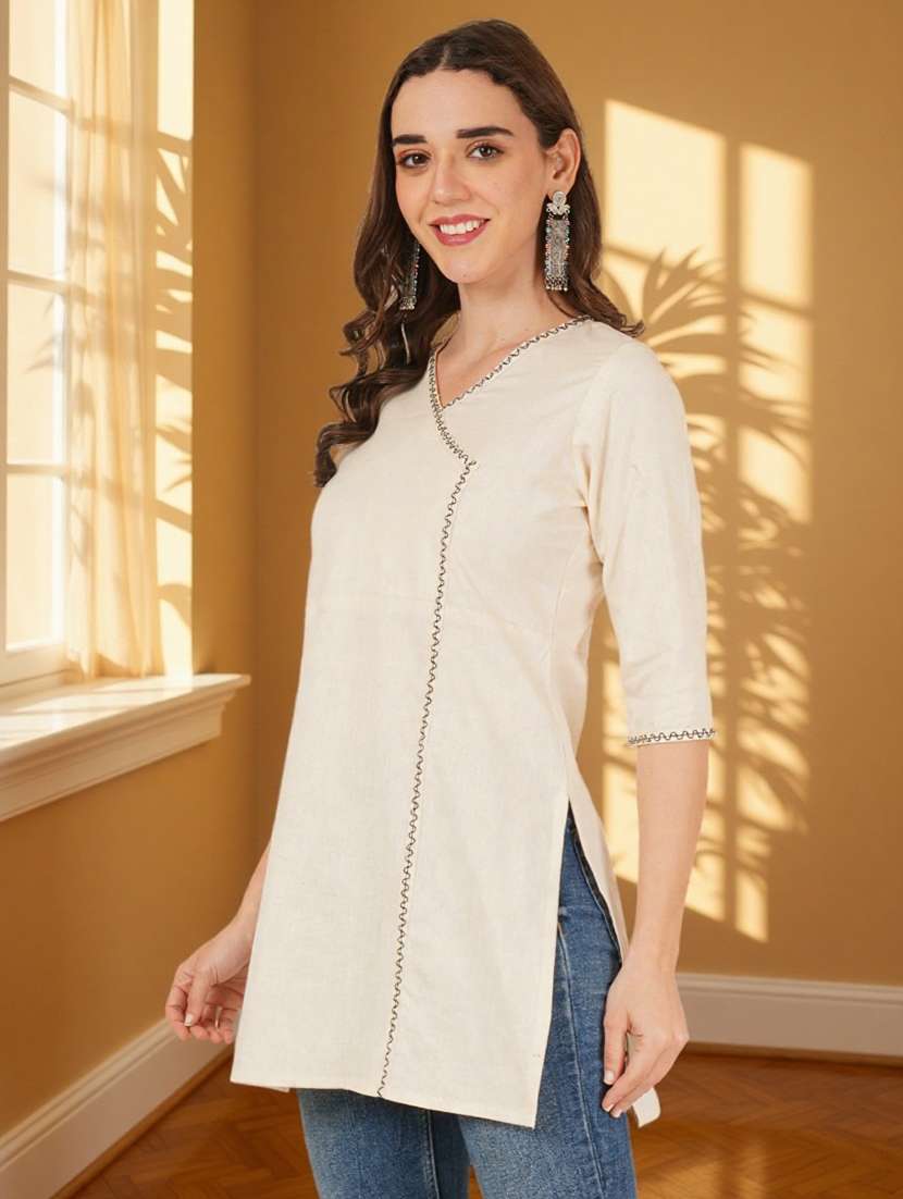 women embroidered three quarter sleeve straight kurti - 22084052 -  Standard Image - 1