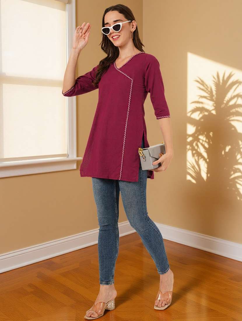 women embroidered three quarter sleeve straight kurti - 22084054 -  Standard Image - 6