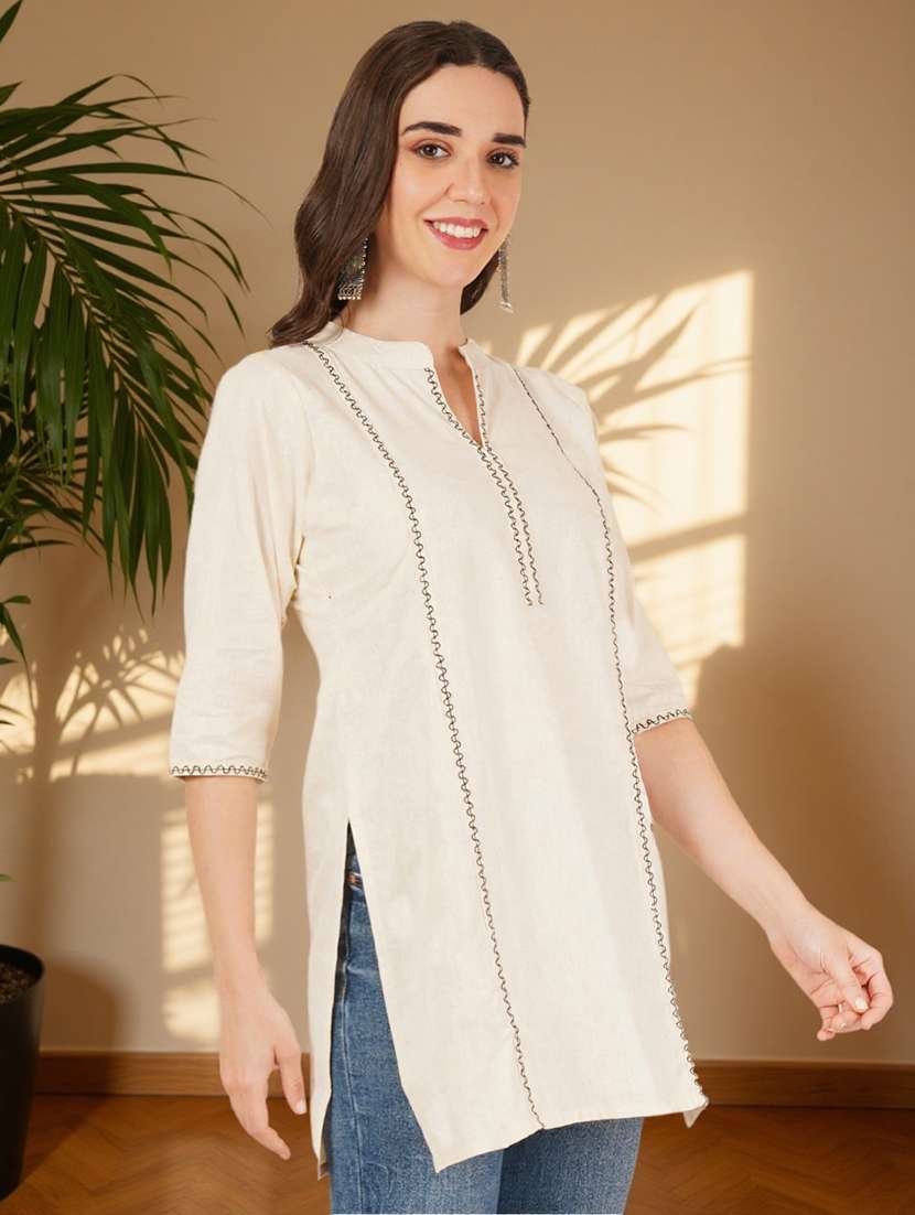 women embroidered three quarter sleeve straight kurti - 22084055 -  Standard Image - 1