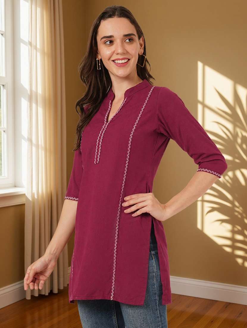 women embroidered three quarter sleeve straight kurti - 22084057 -  Standard Image - 1