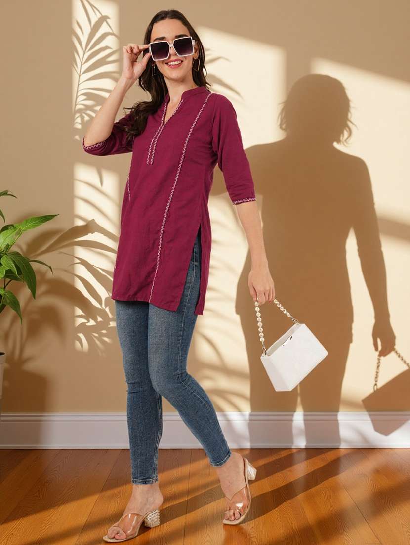 women embroidered three quarter sleeve straight kurti - 22084057 -  Standard Image - 4