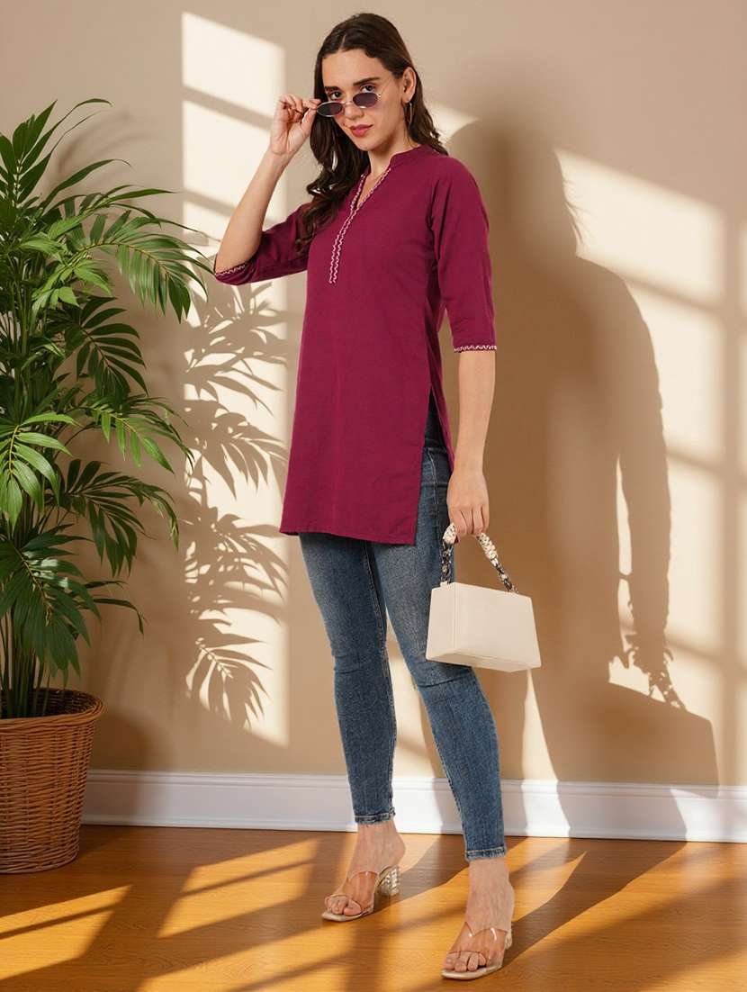 women embroidered three quarter sleeve straight kurti - 22084060 -  Standard Image - 6