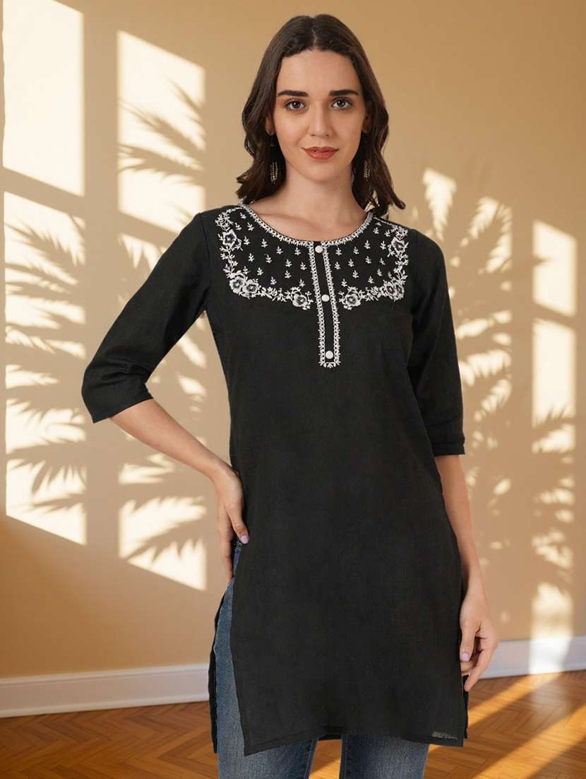 women embroidered three quarter sleeve straight kurti