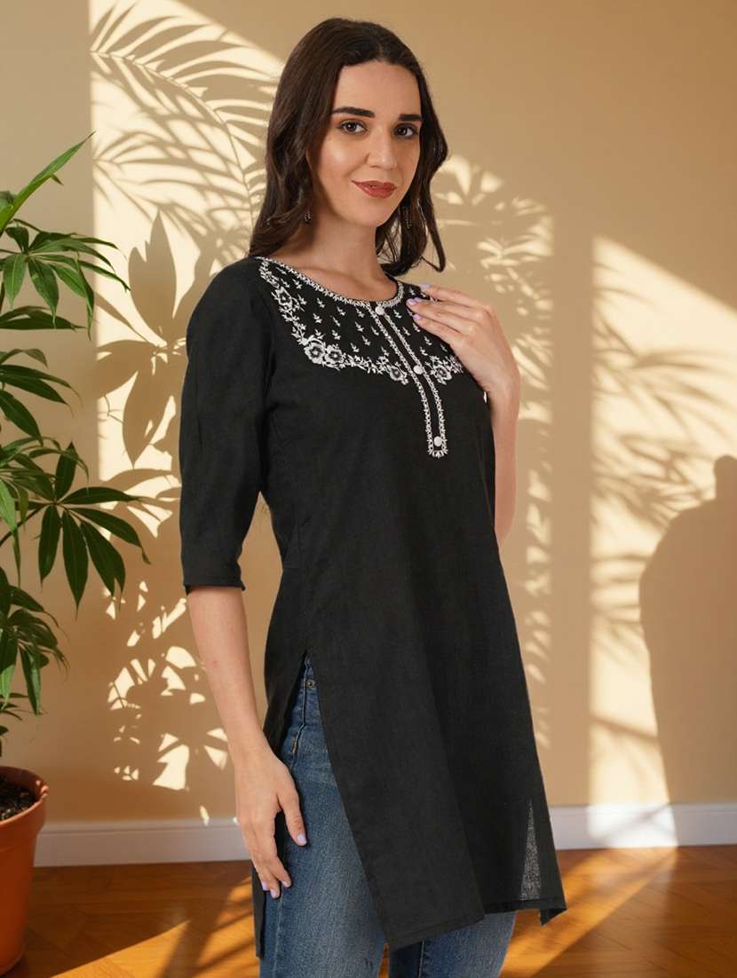 women embroidered three quarter sleeve straight kurti - 22084062 -  Standard Image - 1