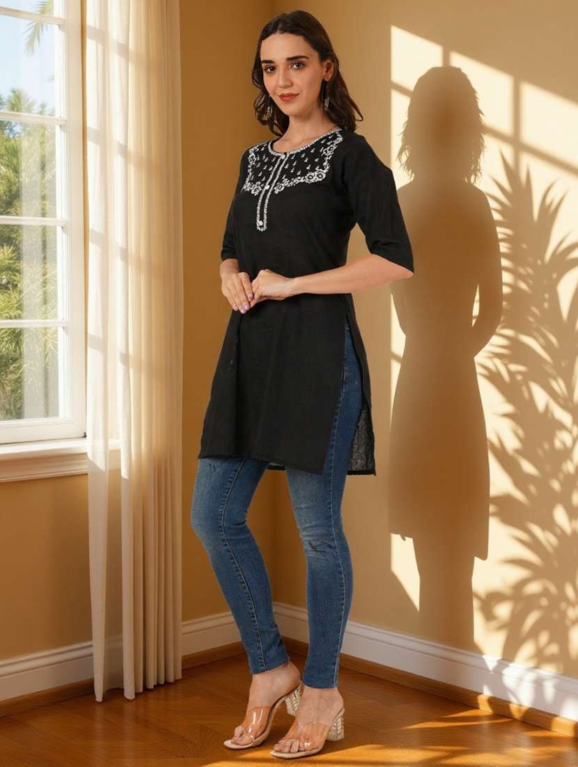 women embroidered three quarter sleeve straight kurti - 22084062 -  Standard Image - 4