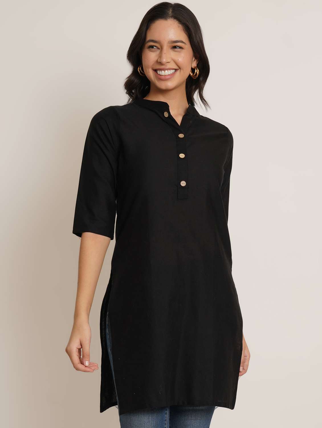 women solid three quarter sleeve straight kurti - 22084063 - Standard Image - 1