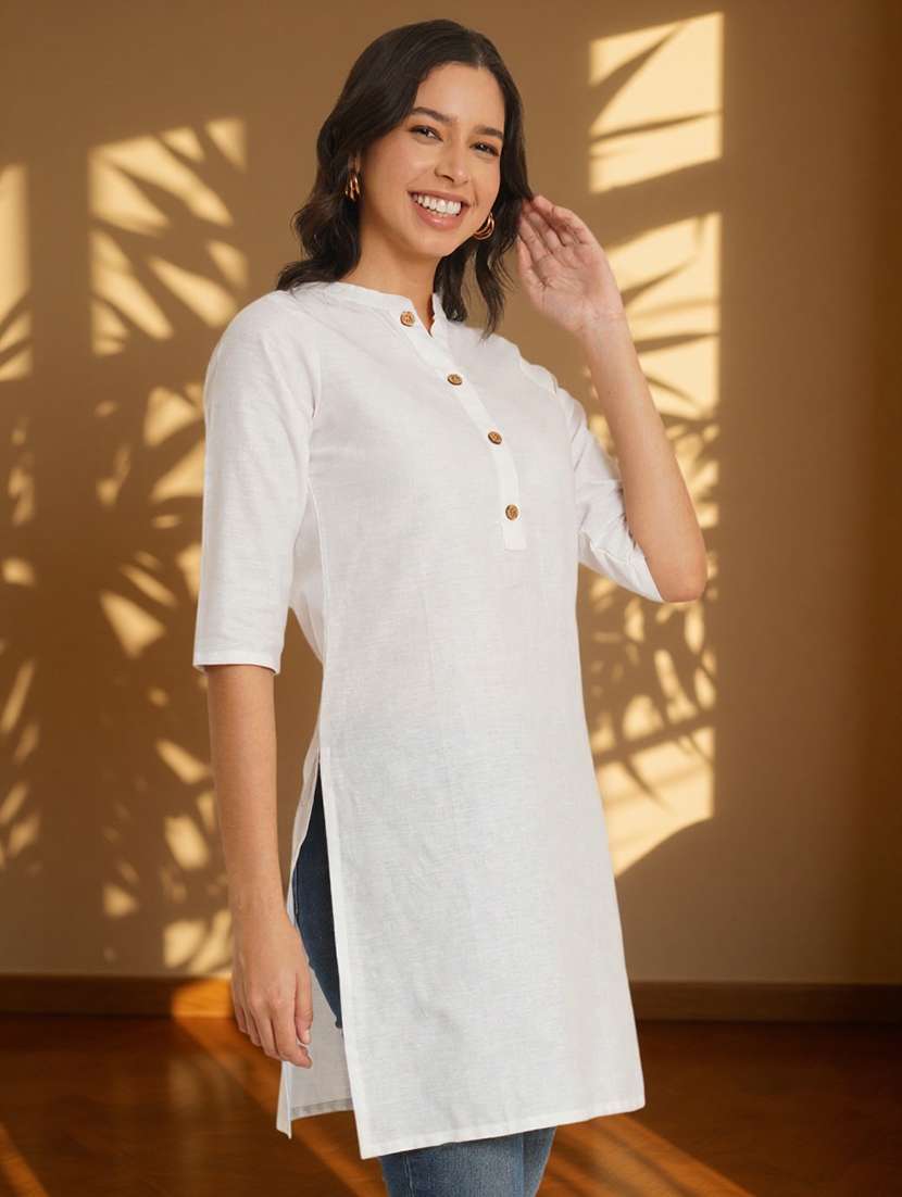 women solid three quarter sleeve straight kurti - 22084064 -  Standard Image - 1