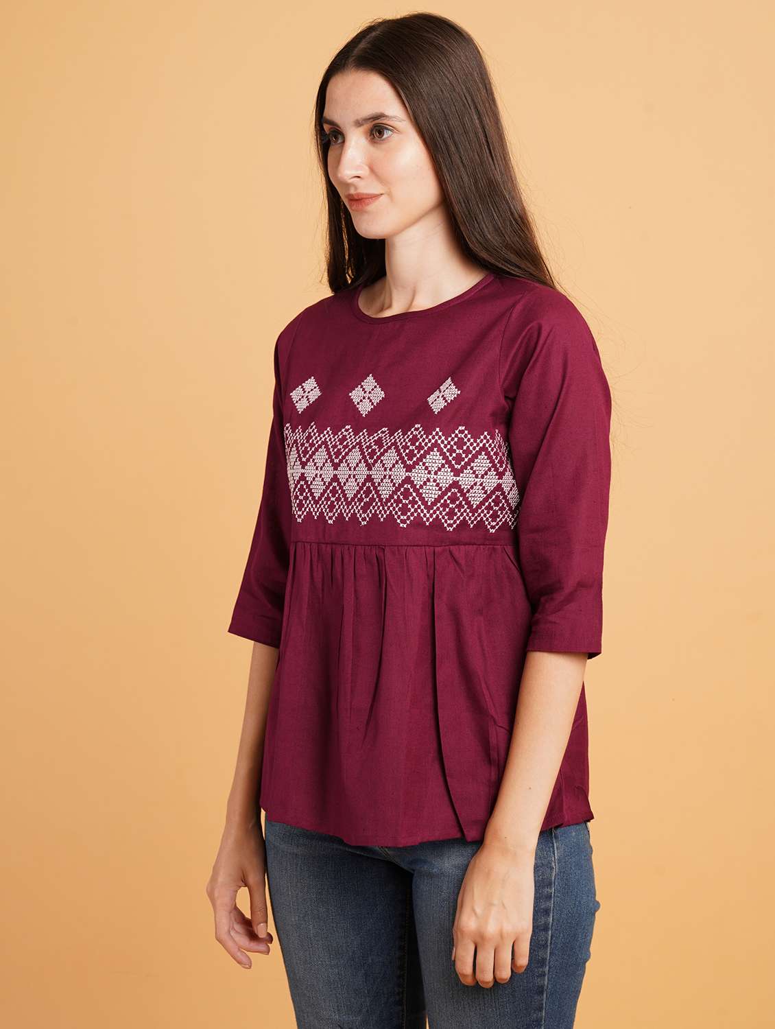 women embroidered three quarter sleeve ethnic top - 22084070 -  Standard Image - 1