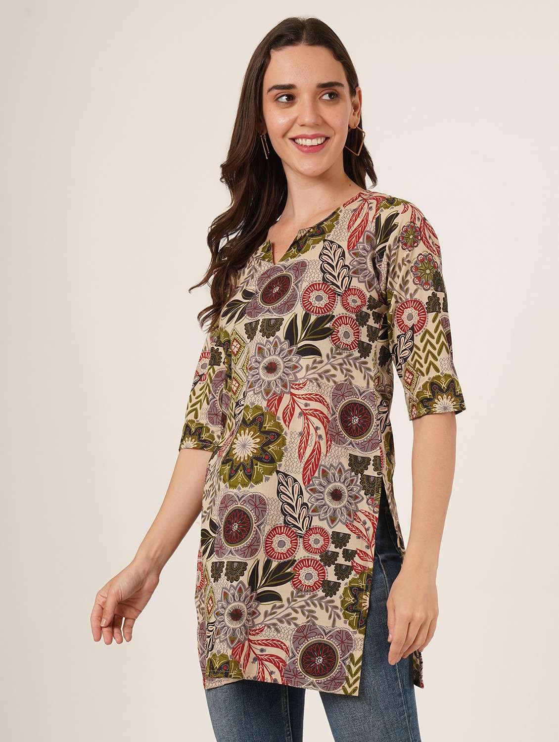 women printed three quarter sleeve straight kurti - 22084072 - Standard Image - 1