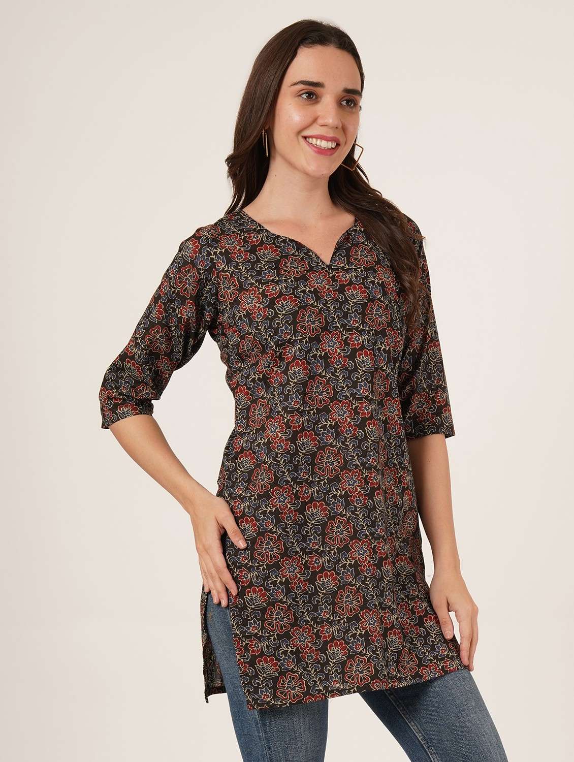 women printed three quarter sleeve straight kurti - 22084073 -  Standard Image - 1