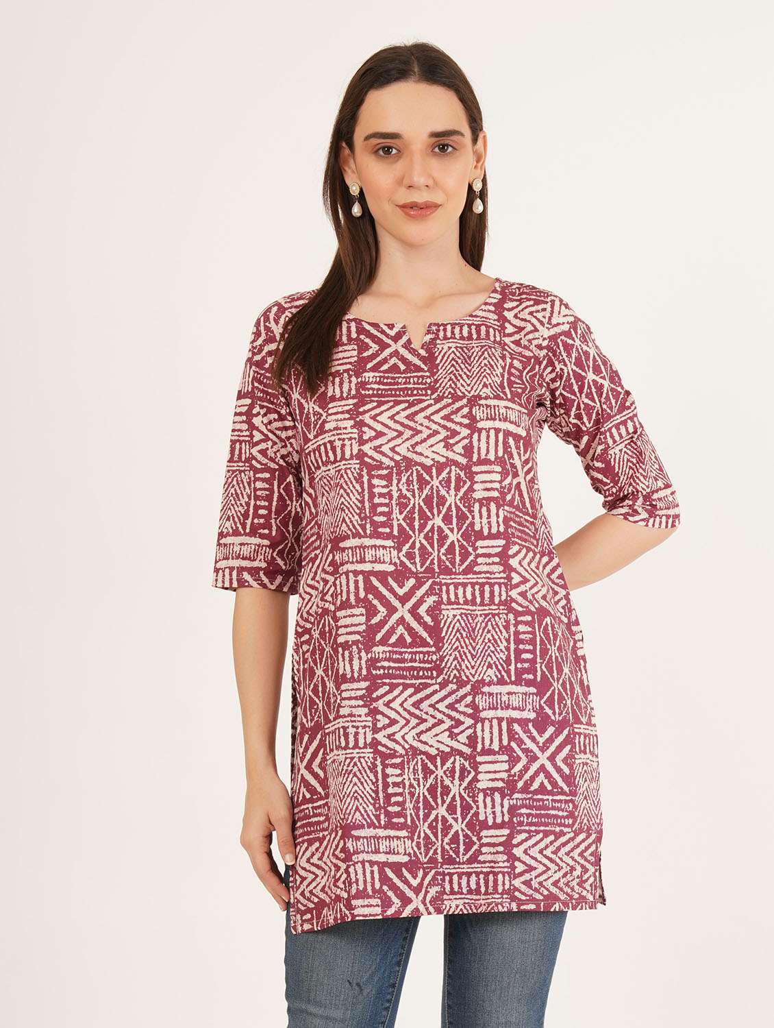 women printed three quarter sleeve straight kurti - 22084079 -  Standard Image - 1