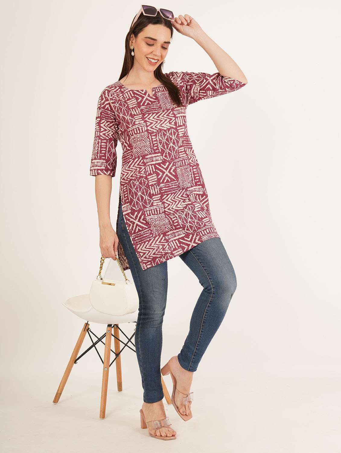 women printed three quarter sleeve straight kurti - 22084079 -  Standard Image - 4
