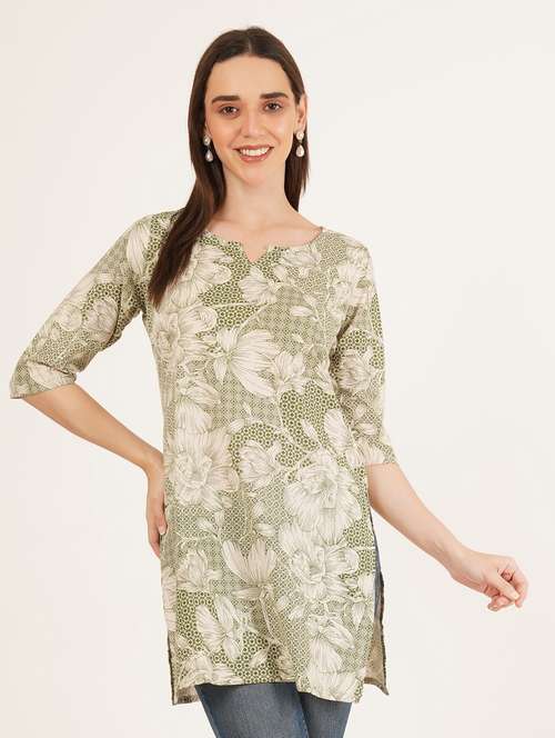 women floral printed three quarter sleeve straight kurti - 22084080 -  Standard Image - 0