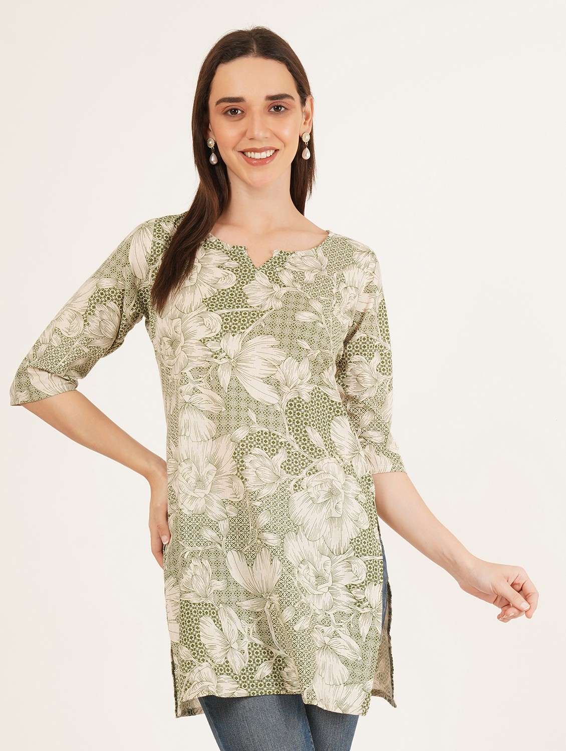 women floral printed three quarter sleeve straight kurti