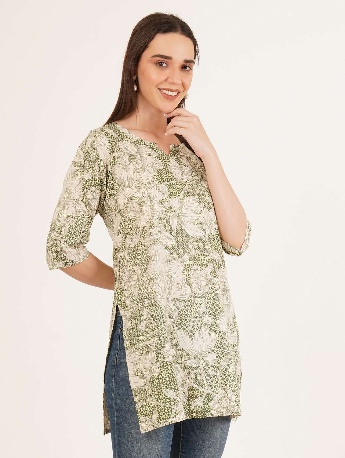 women floral printed three quarter sleeve straight kurti - 22084080 -  Standard Image - 1
