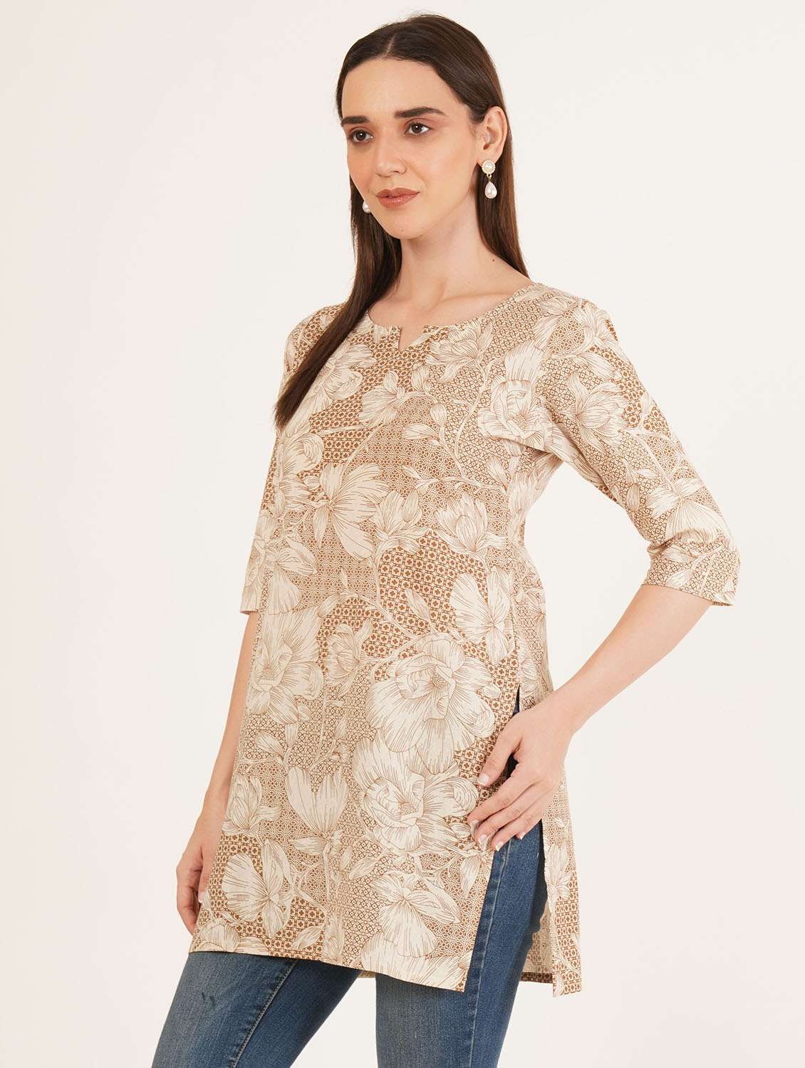 women floral printed three quarter sleeve straight kurti - 22084081 -  Standard Image - 1
