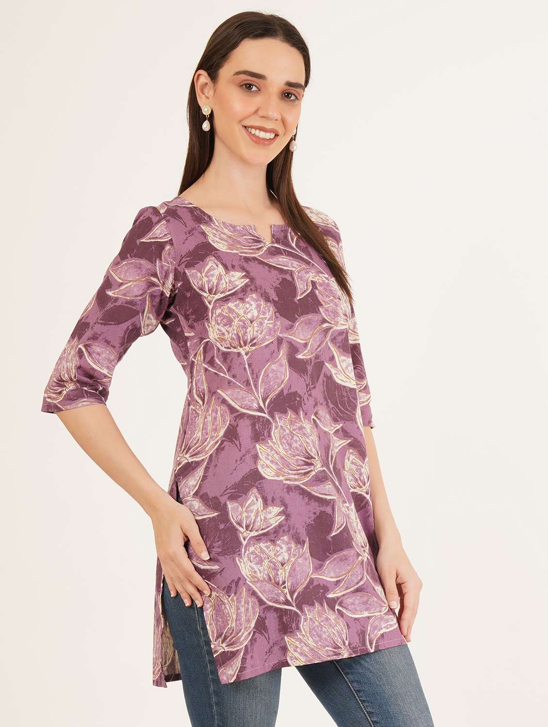 women floral printed three quarter sleeve straight kurti - 22084083 -  Standard Image - 1