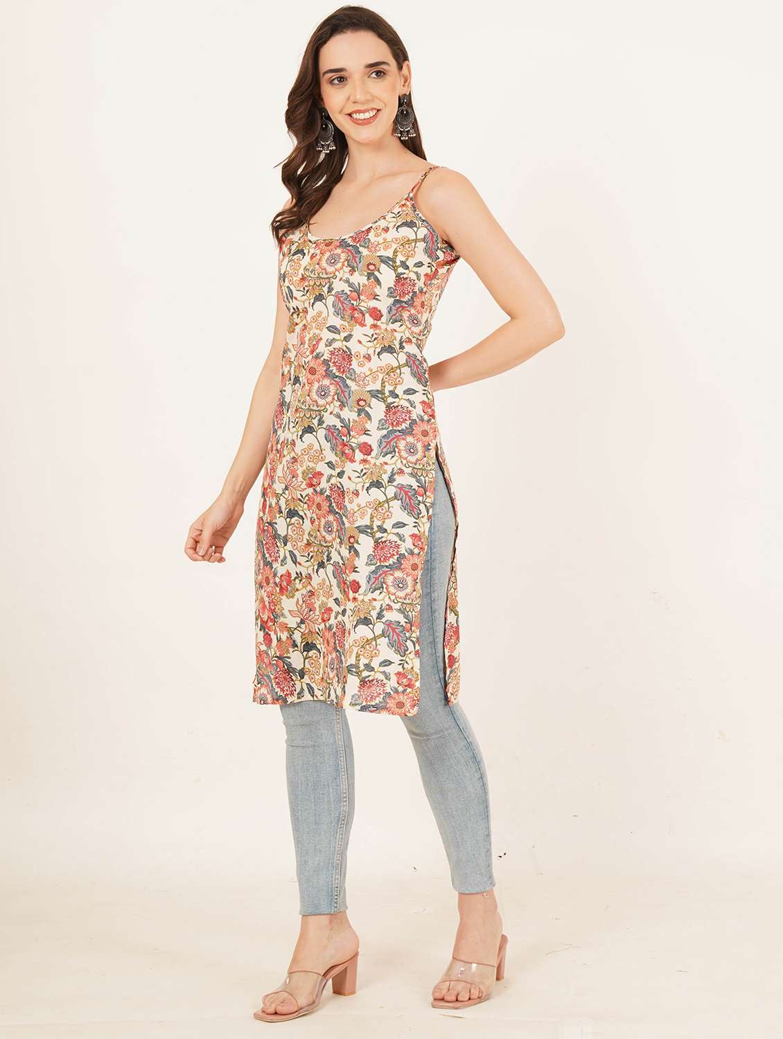 women floral printed shoulder strap straight kurti - 22084086 - Standard Image - 4