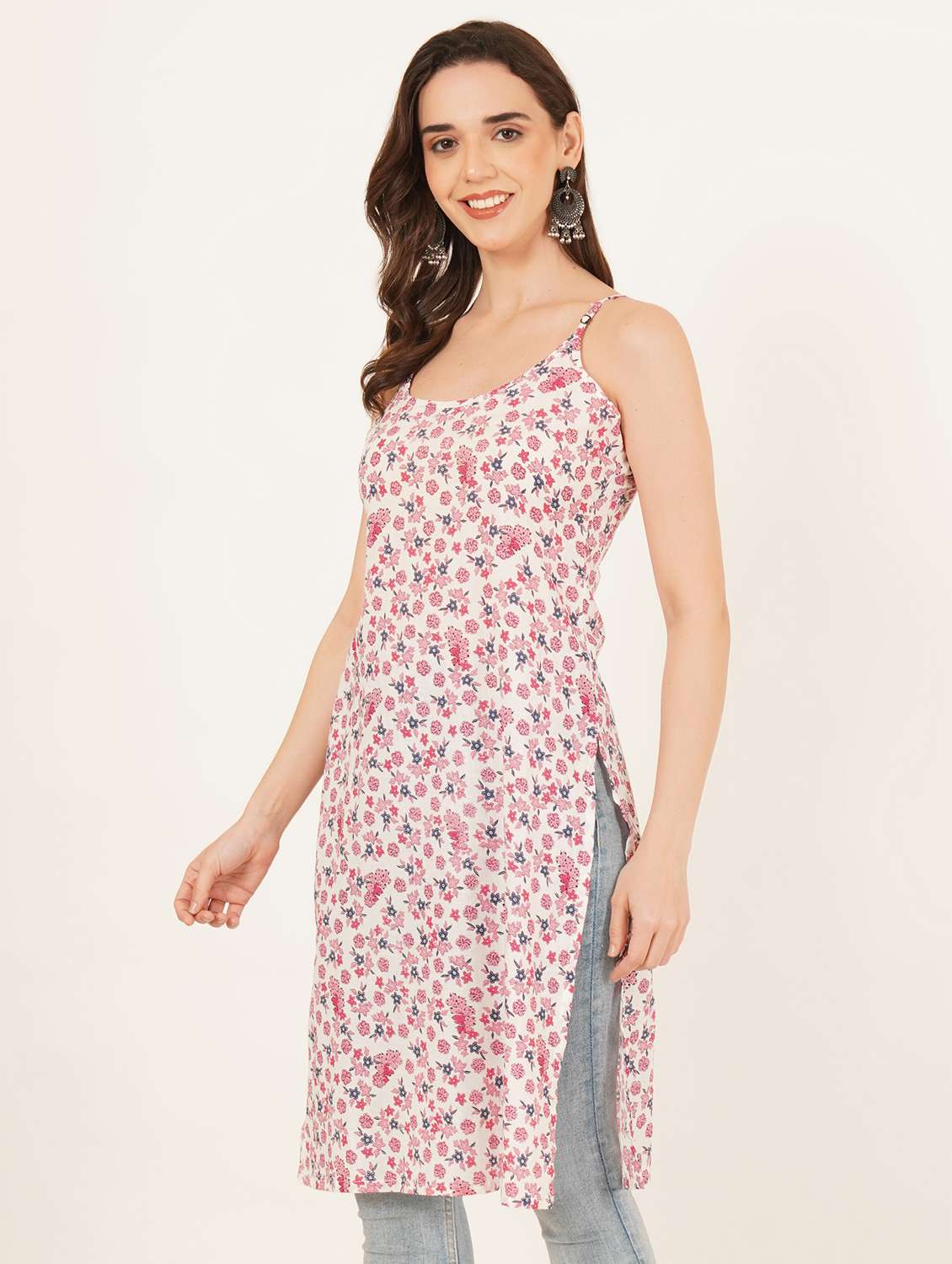 women floral printed shoulder strap straight kurti - 22084088 - Standard Image - 1