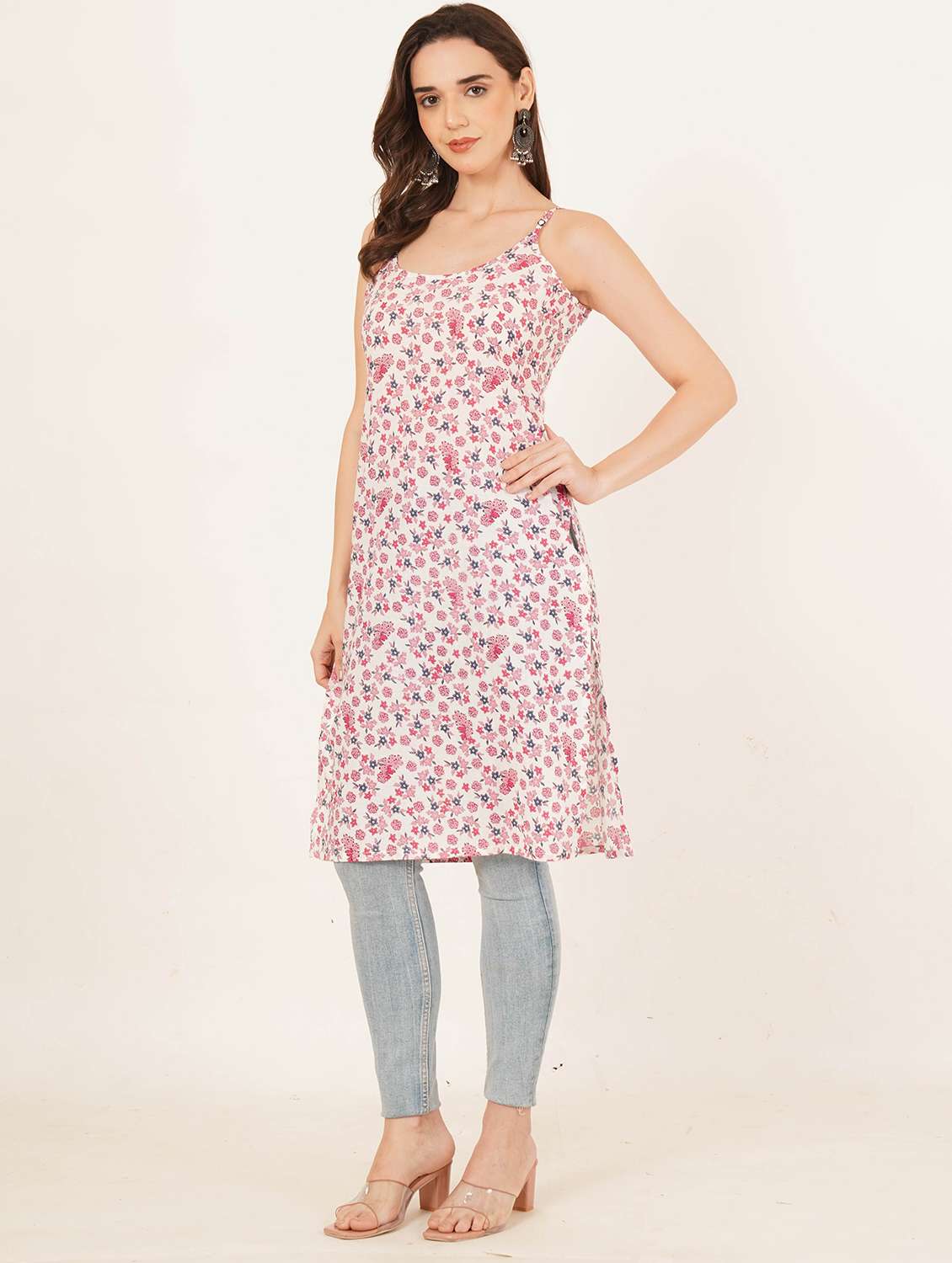 women floral printed shoulder strap straight kurti - 22084088 - Standard Image - 6