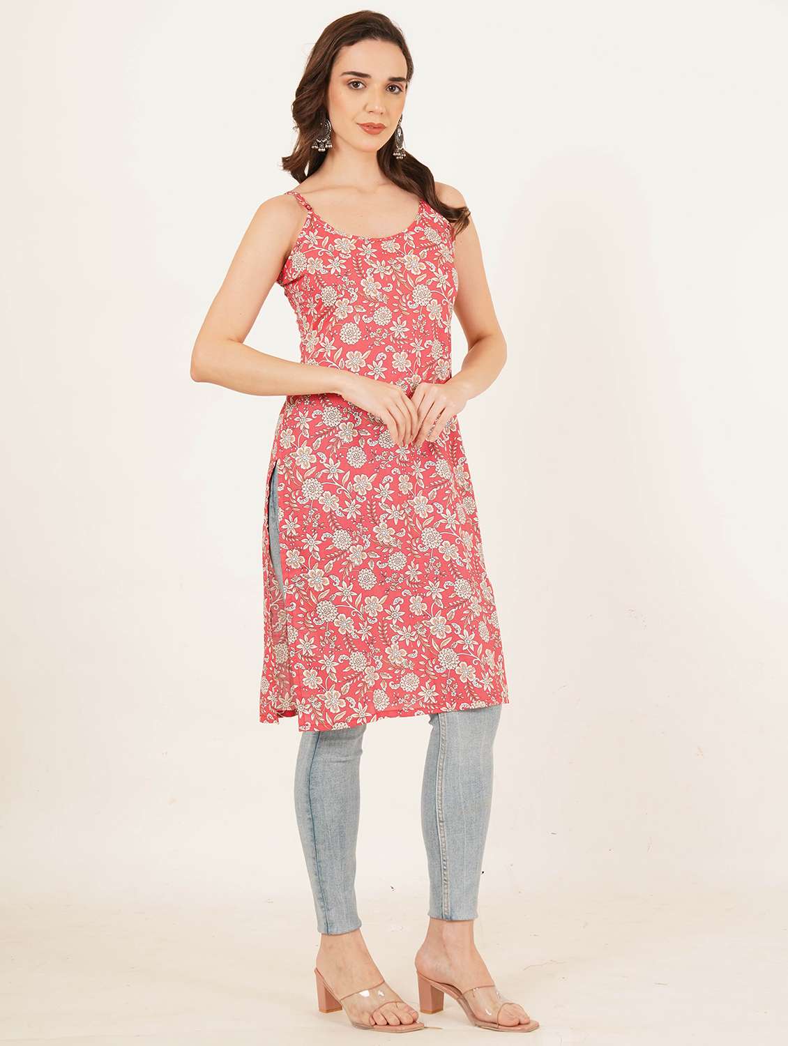 women floral printed shoulder strap straight kurti - 22084090 - Standard Image - 4