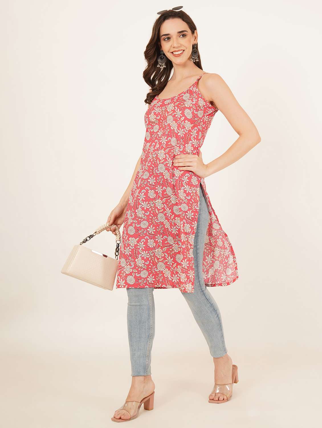 women floral printed shoulder strap straight kurti - 22084090 - Standard Image - 6