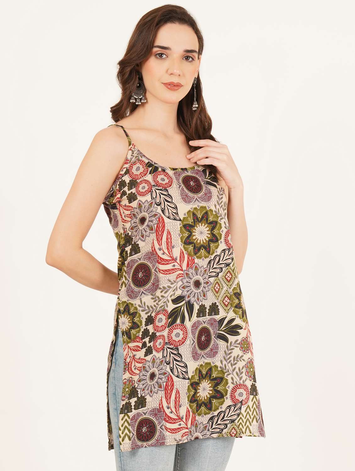 women printed shoulder strap straight kurti - 22084093 - Standard Image - 1