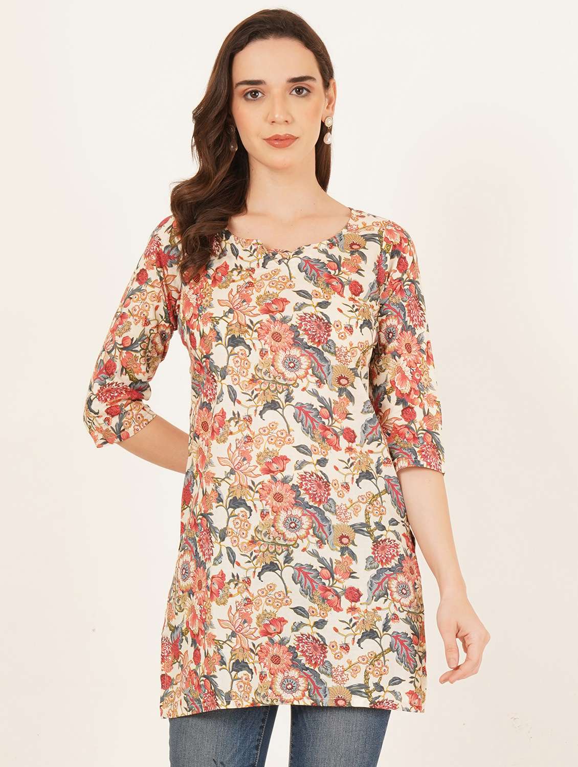 women floral printed three quarter sleeve straight kurti - 22084131 -  Standard Image - 1