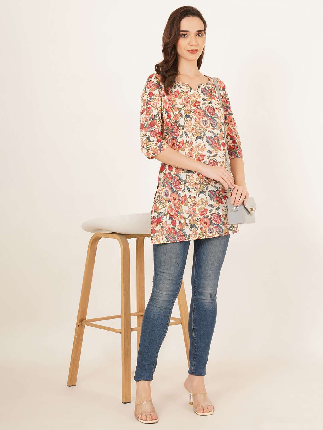 women floral printed three quarter sleeve straight kurti - 22084131 - Standard Image - 6