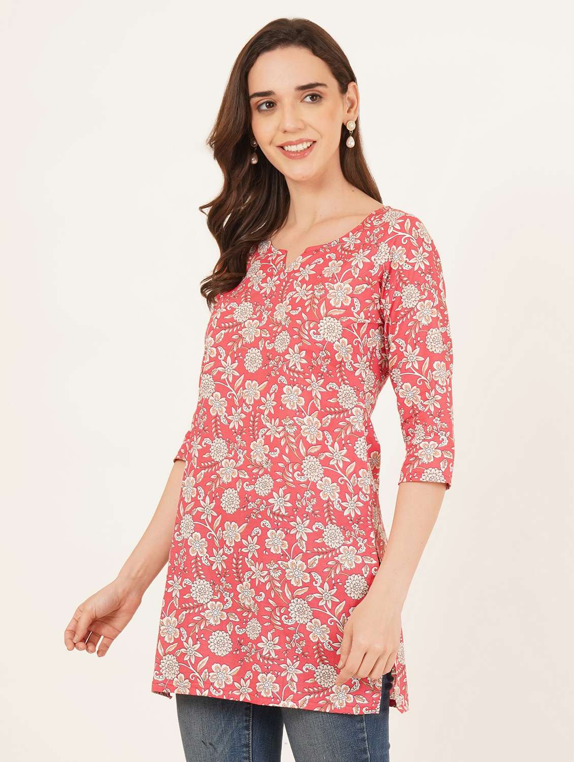 women floral printed three quarter sleeve straight kurti - 22084132 -  Standard Image - 1
