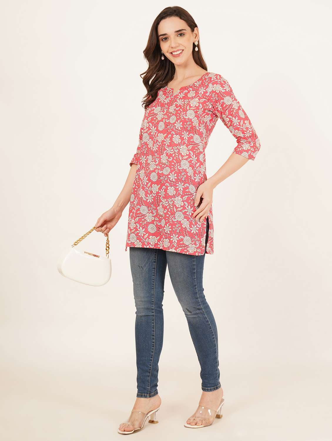 women floral printed three quarter sleeve straight kurti - 22084132 - Standard Image - 4